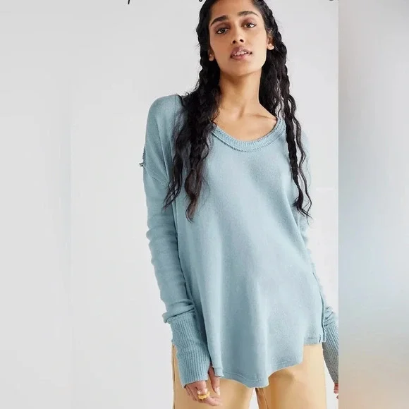 Free People Colby Ribbed Thermal Blue Knit Top Shirt Size Medium - Picture 1 of 6